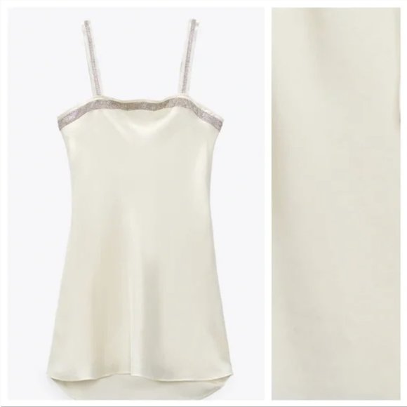 Zara Oyster White Strappy Rhinestone Satin Mini Dress - Picture 8 of 17